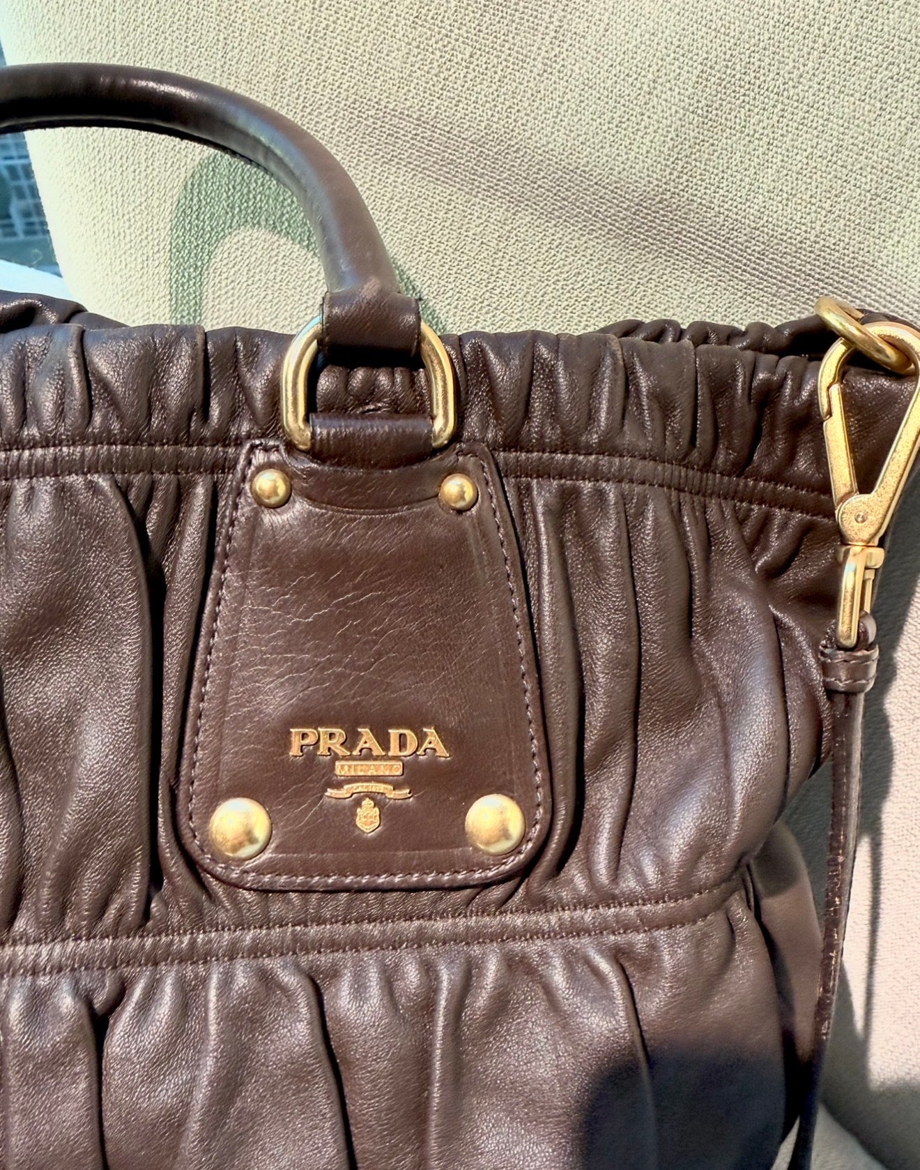 VINTAGE PRADA Y2K GAUFRE BROWN RUCHED TOTE