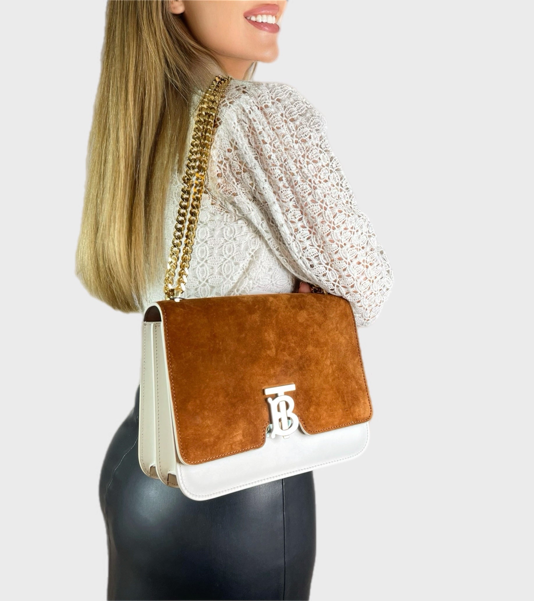 NEW BURBERRY WHITE BROWN SUEDE GOLD CHAIN BAG HANDBAG