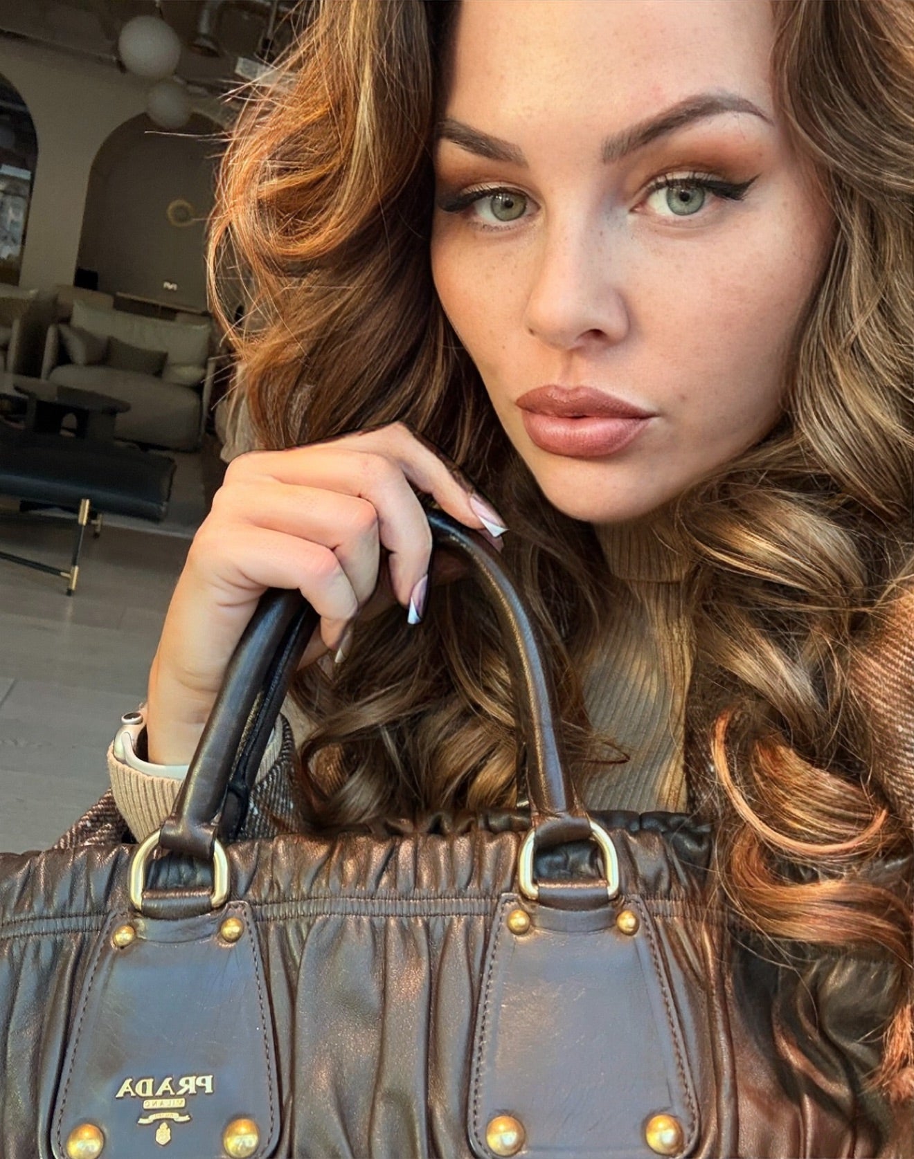 VINTAGE PRADA Y2K GAUFRE BROWN RUCHED TOTE