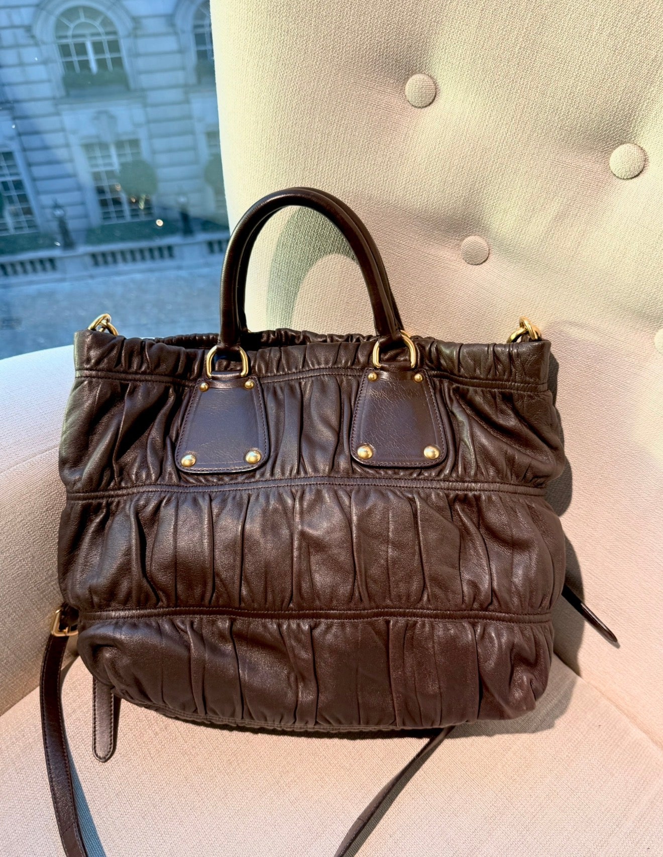 VINTAGE PRADA Y2K GAUFRE BROWN RUCHED TOTE