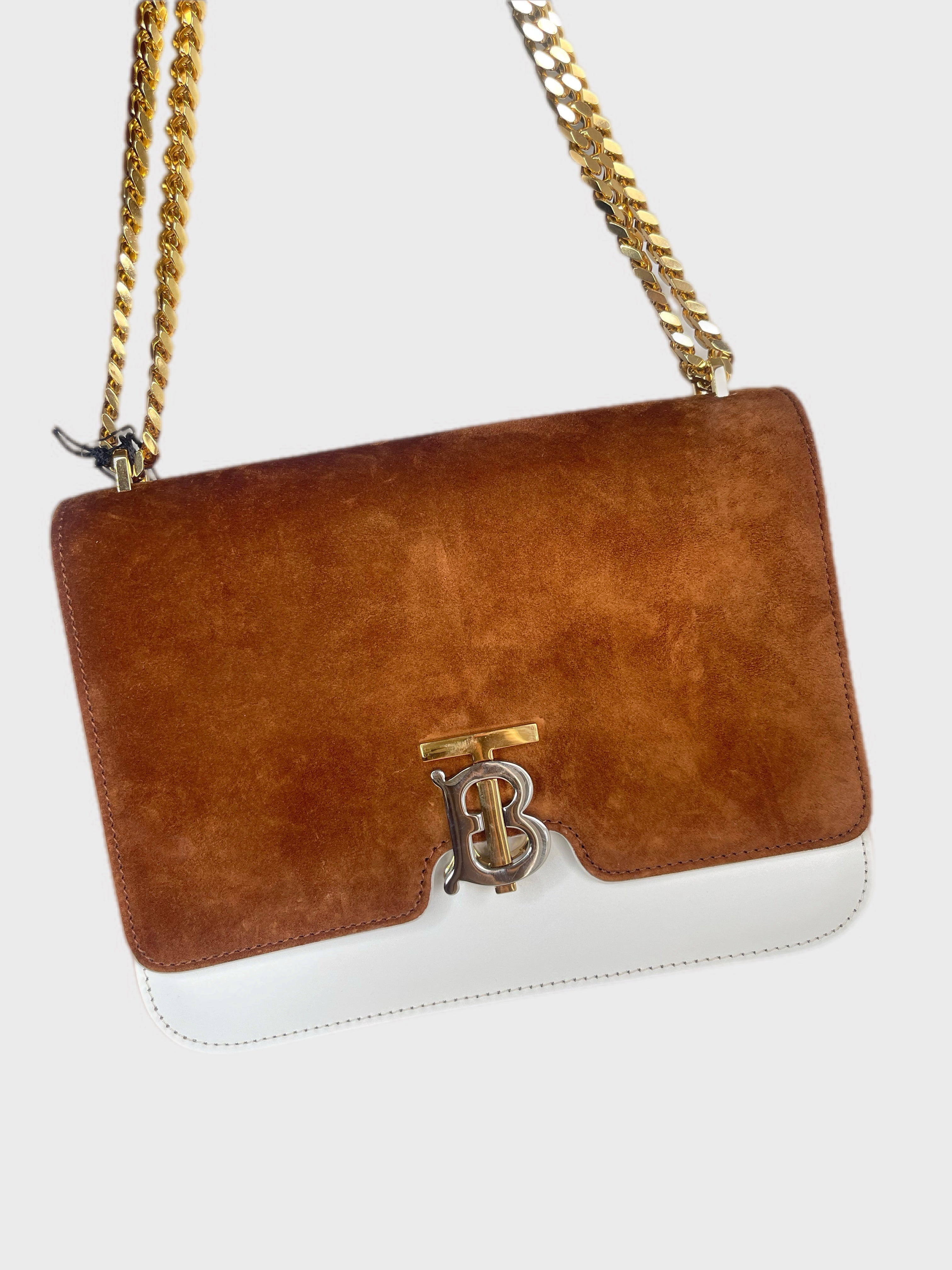 NEW BURBERRY WHITE BROWN SUEDE GOLD CHAIN BAG HANDBAG