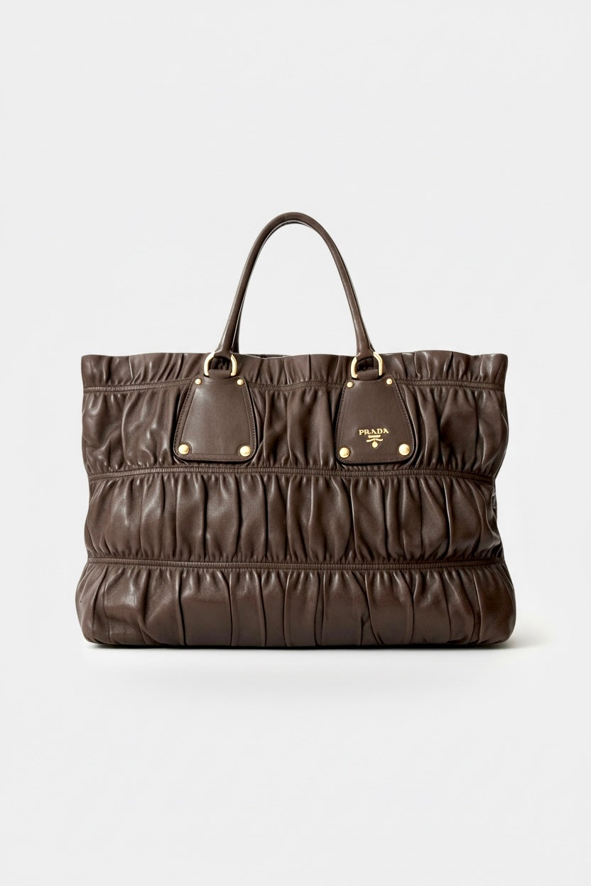 VINTAGE PRADA Y2K GAUFRE BROWN RUCHED TOTE