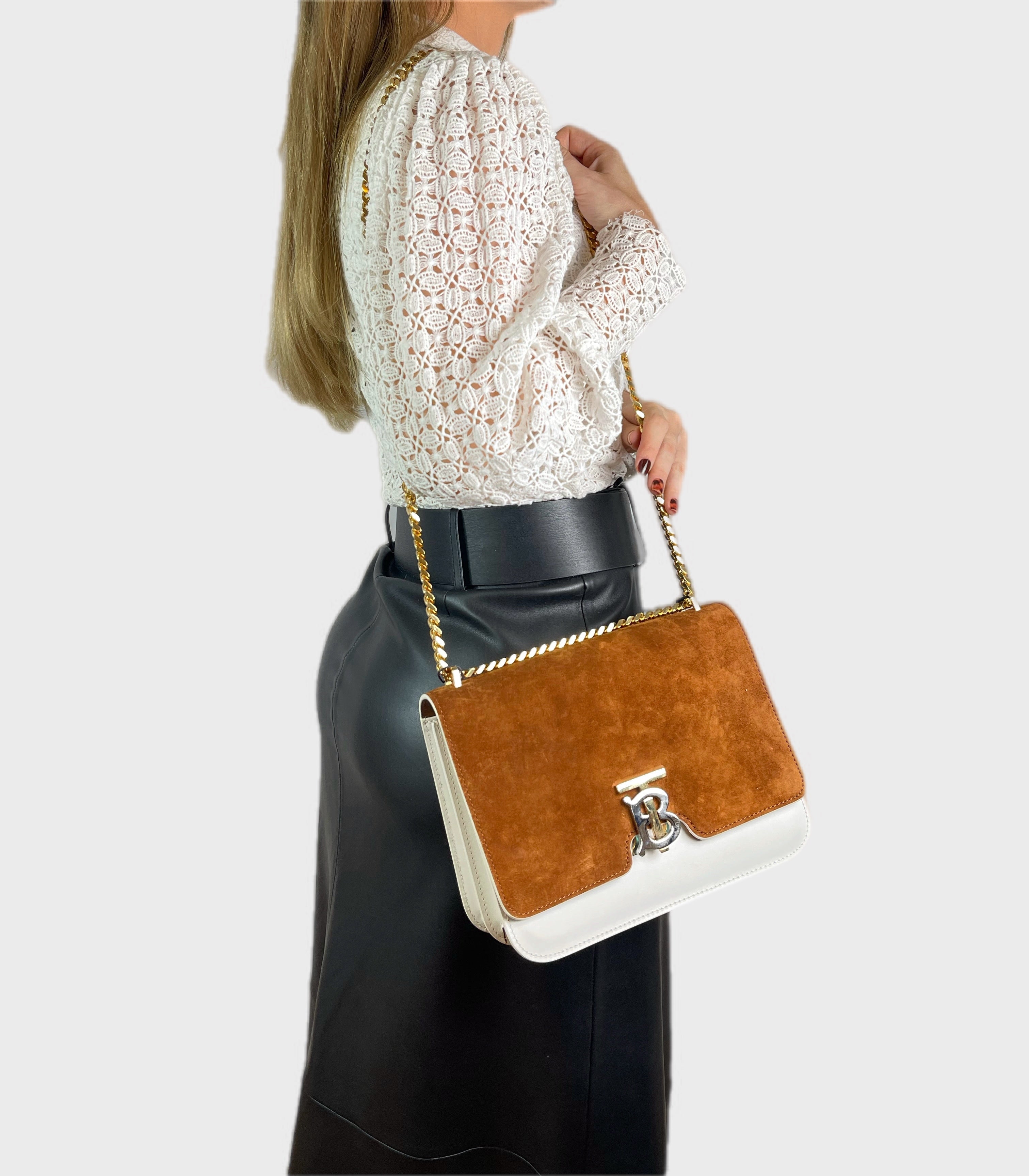 NEW BURBERRY WHITE BROWN SUEDE GOLD CHAIN BAG HANDBAG