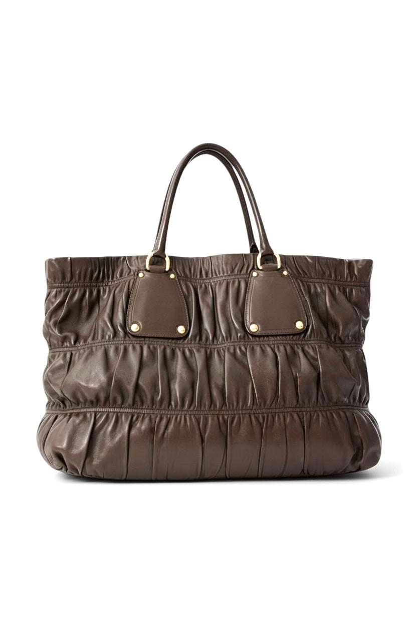 VINTAGE PRADA Y2K GAUFRE BROWN RUCHED TOTE