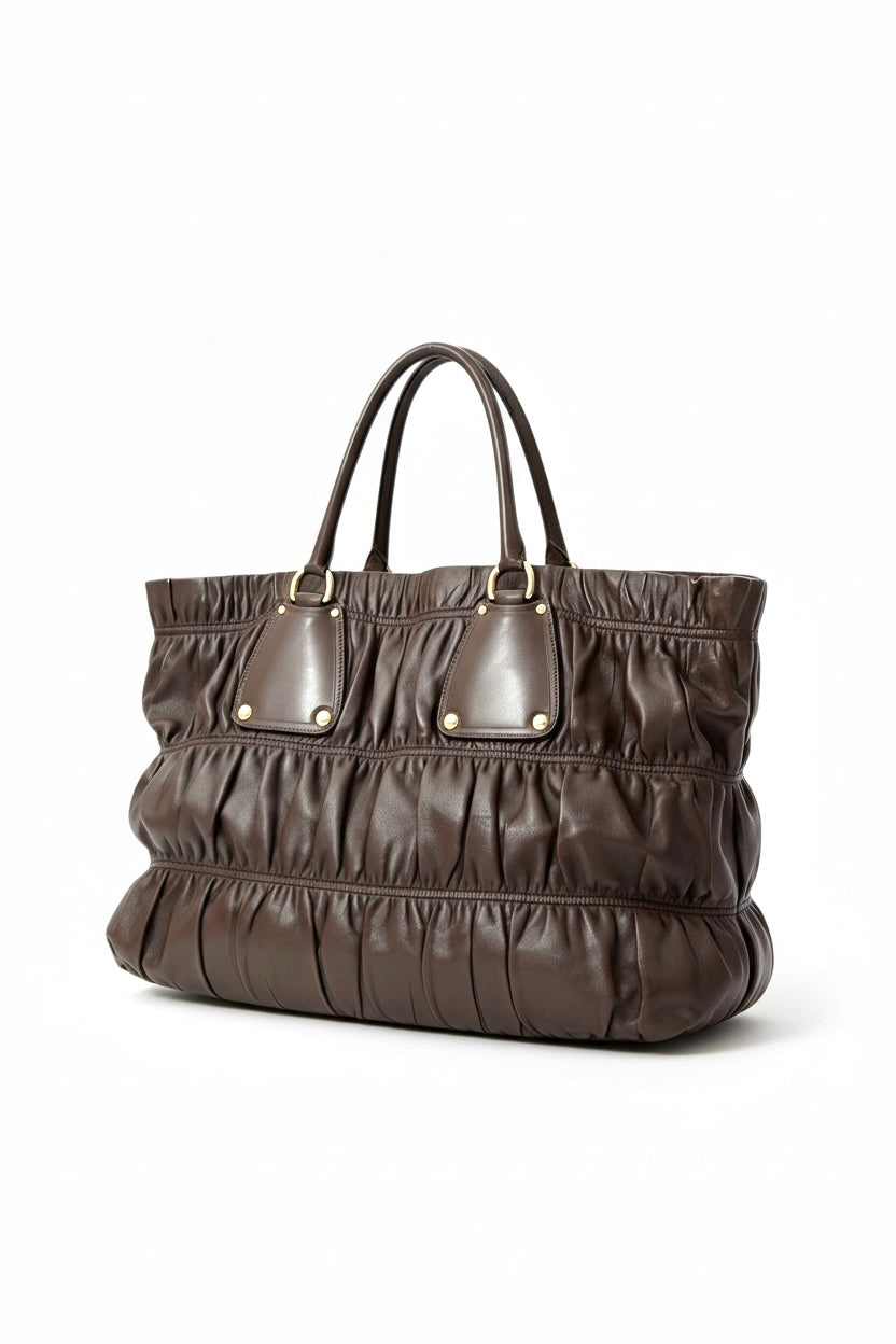 VINTAGE PRADA Y2K GAUFRE BROWN RUCHED TOTE