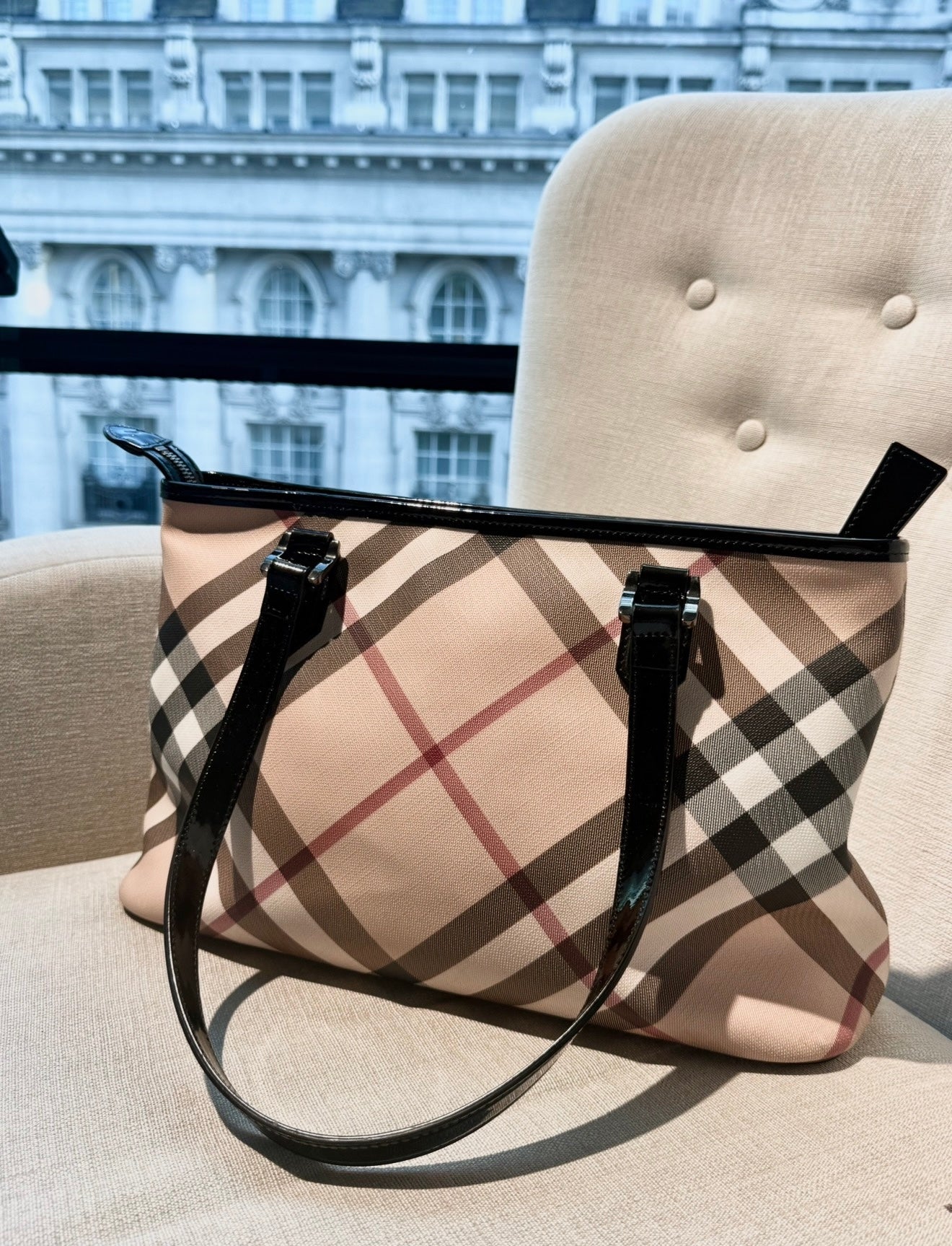BURBERRY BEIGE SUPERNOVA CHECK TOTE BAG