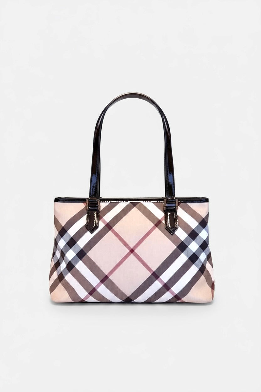 BURBERRY BEIGE SUPERNOVA CHECK TOTE BAG