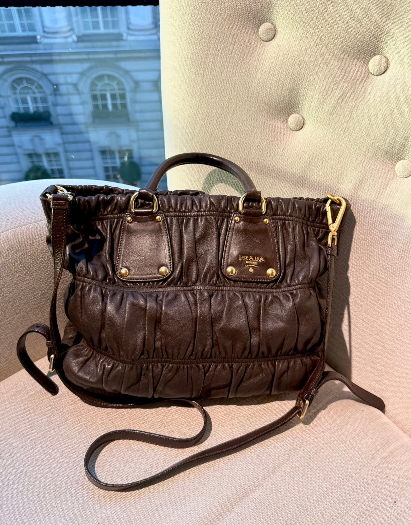 VINTAGE PRADA Y2K GAUFRE BROWN RUCHED TOTE