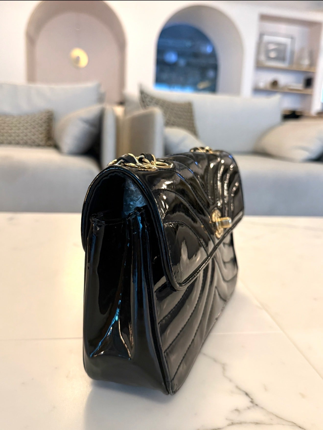 VINTAGE CHANEL BLACK PATENT LEATHER Y2K SINGLE FLAP DOUBLE CHAIN