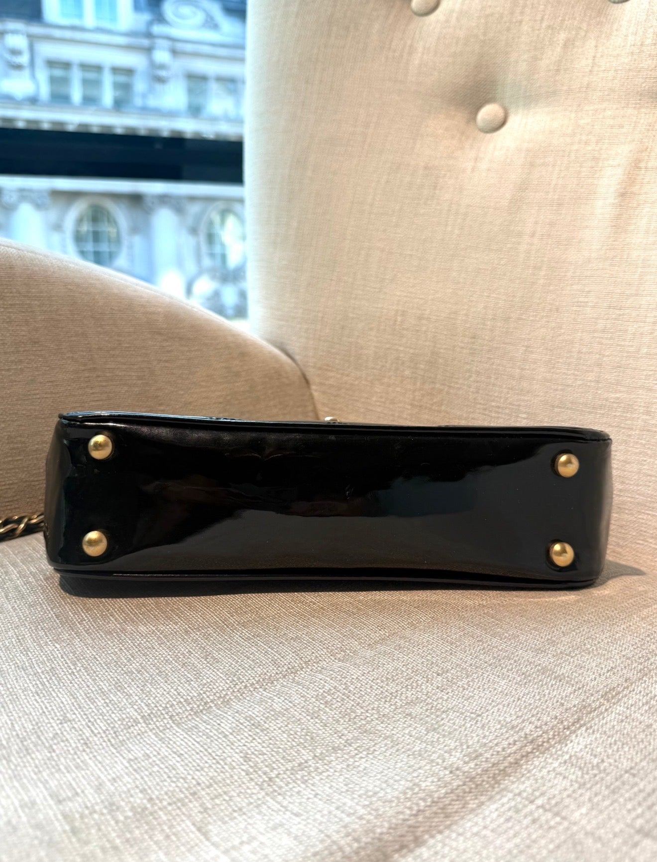 VINTAGE CHANEL BLACK PATENT LEATHER Y2K SINGLE FLAP DOUBLE CHAIN