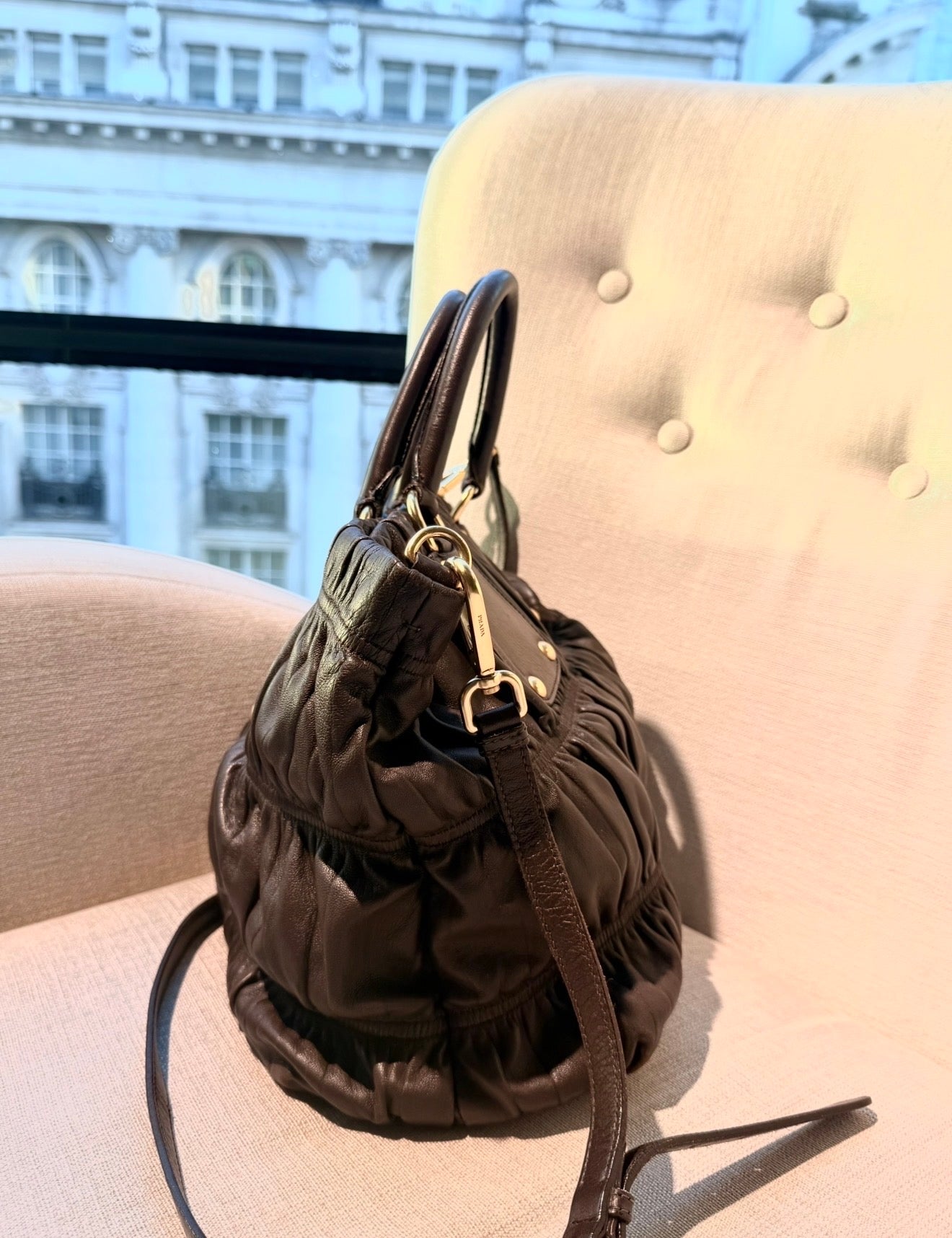 VINTAGE PRADA Y2K GAUFRE BROWN RUCHED TOTE