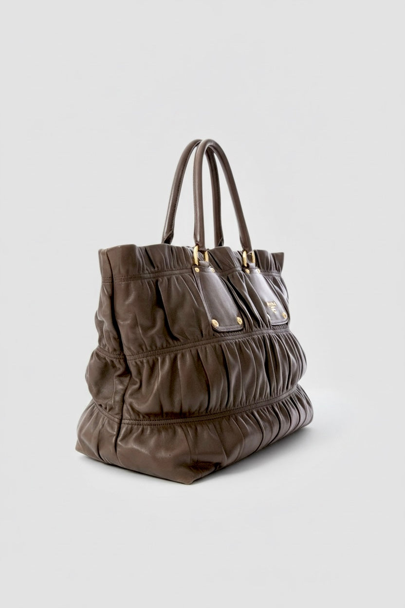 VINTAGE PRADA Y2K GAUFRE BROWN RUCHED TOTE