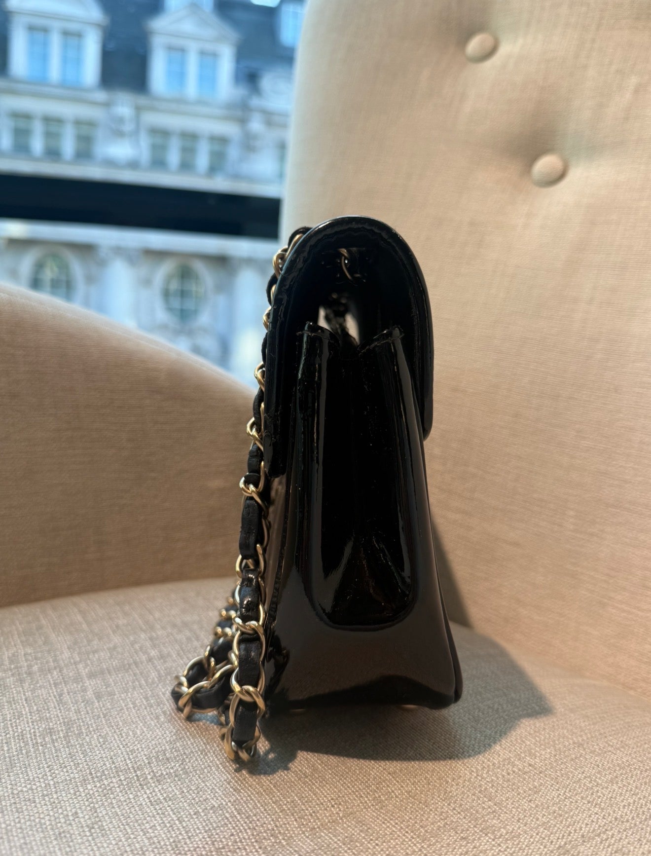 VINTAGE CHANEL BLACK PATENT LEATHER Y2K SINGLE FLAP DOUBLE CHAIN