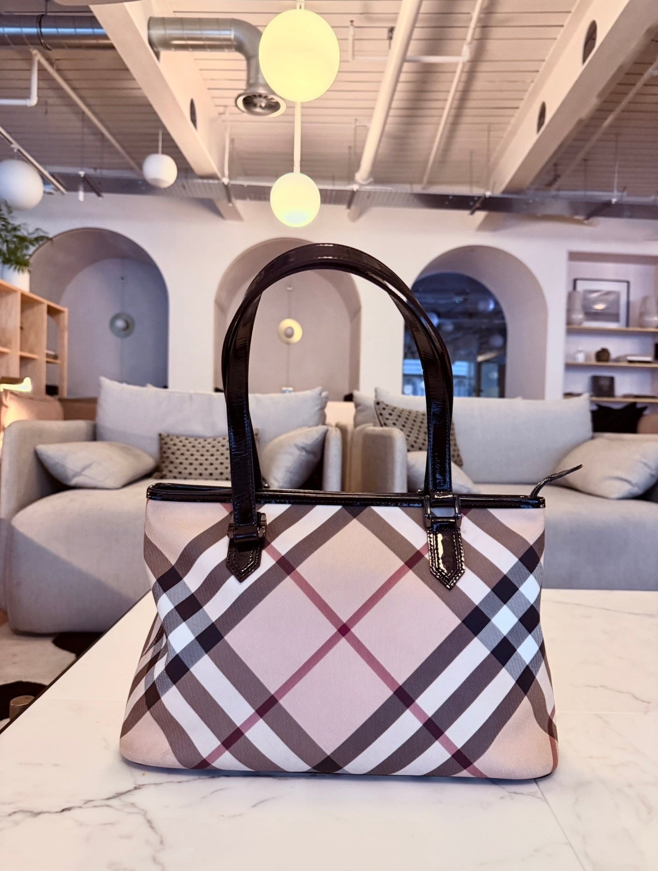 BURBERRY BEIGE SUPERNOVA CHECK TOTE BAG
