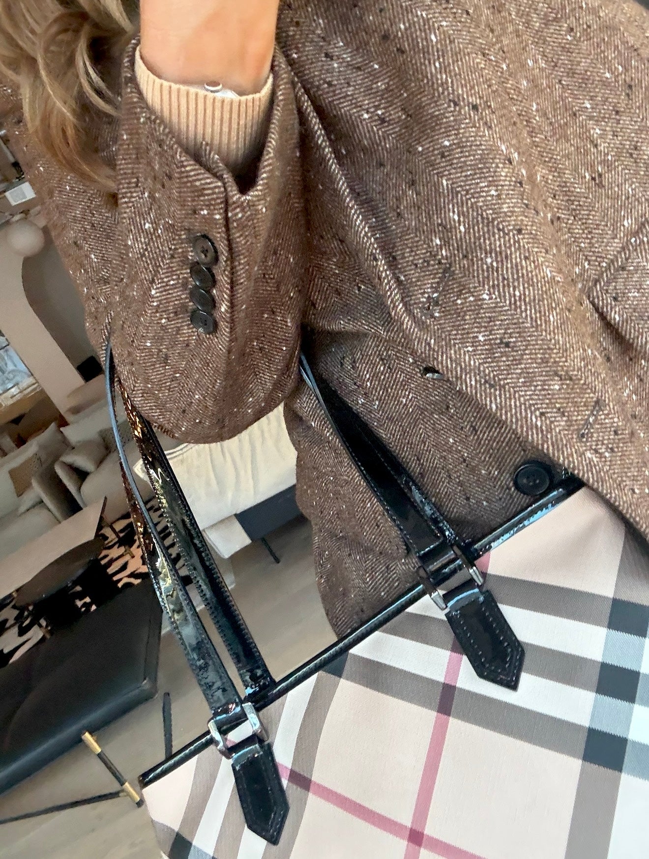 BURBERRY BEIGE SUPERNOVA CHECK TOTE BAG