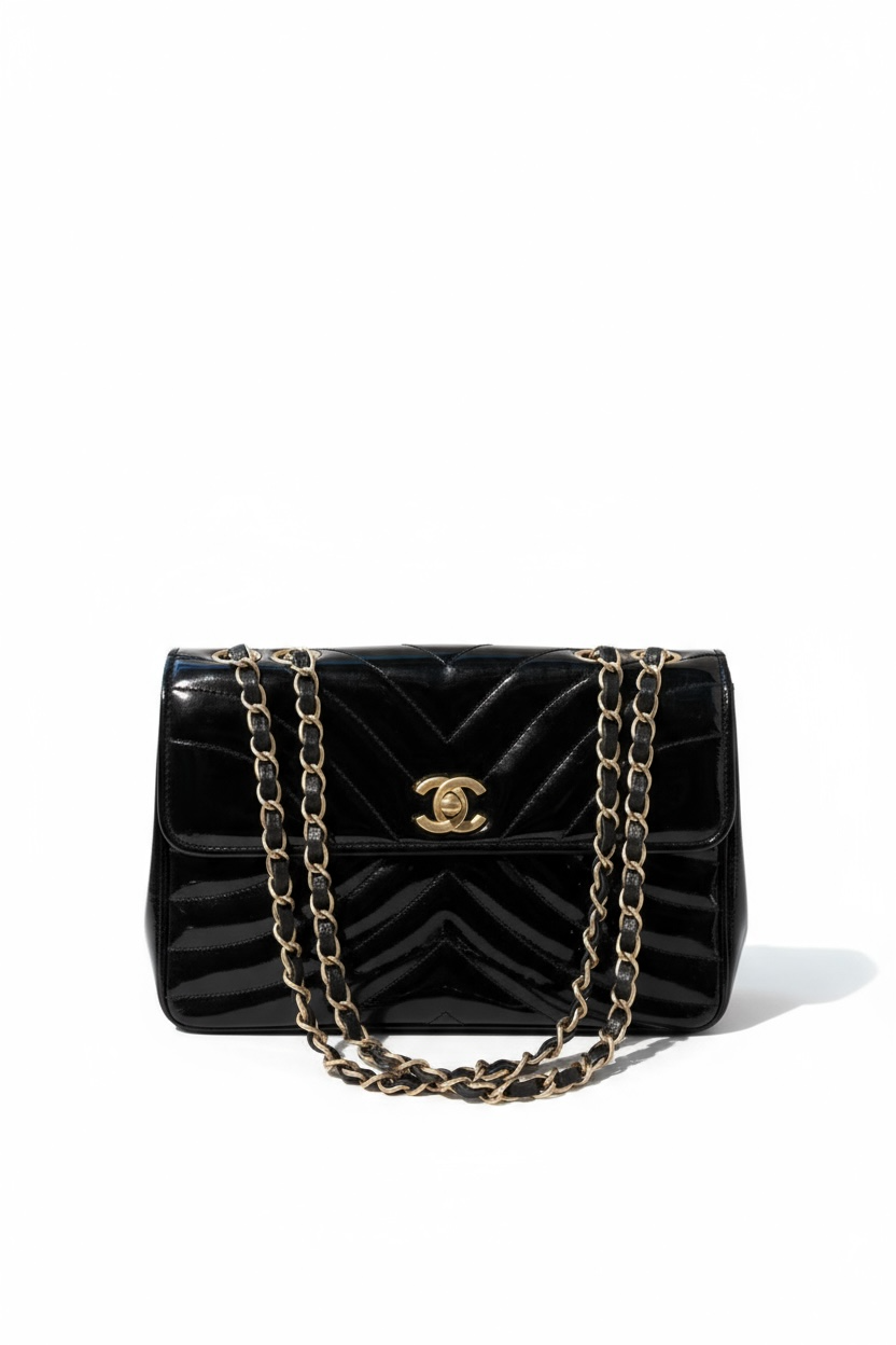 VINTAGE CHANEL BLACK PATENT LEATHER Y2K SINGLE FLAP DOUBLE CHAIN